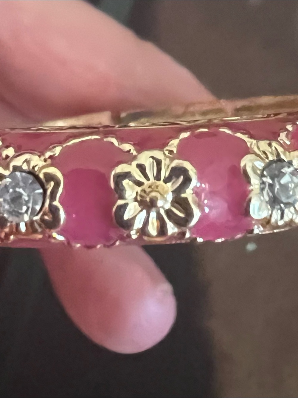 Gold Floral Pink Enamel Bangle Bracelet